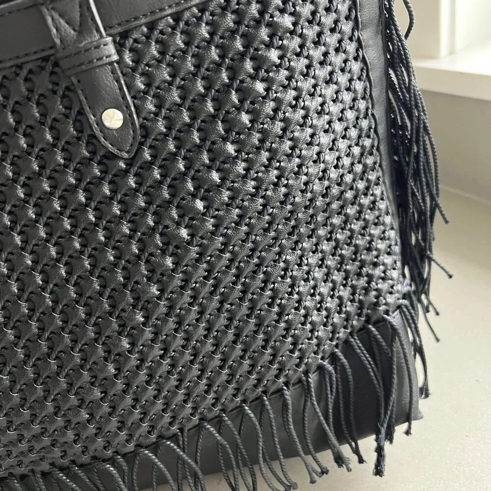 Simply Vera Wang Black Boswell Basketweave Fringe Faux Leather Black Satchel
